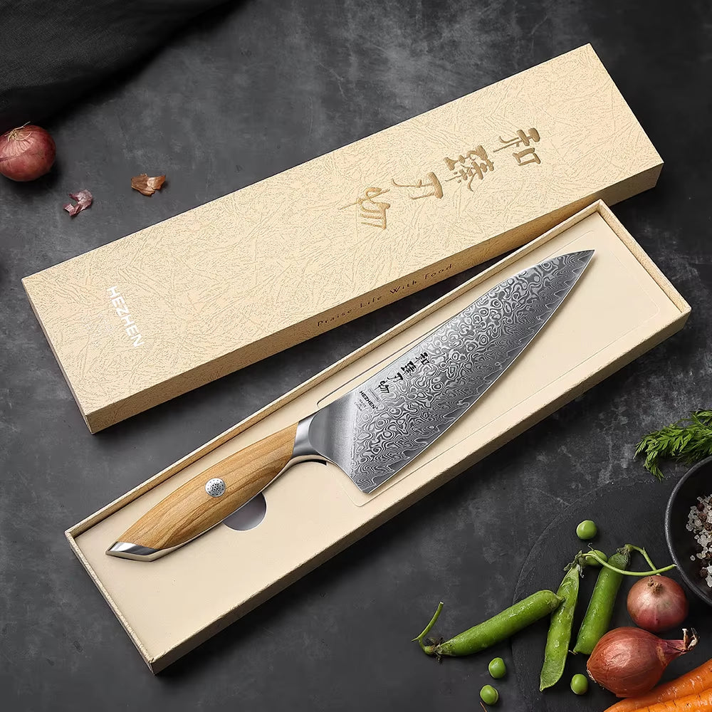 Flagship Series 8 Inch Chef Knife 73 Layers Powder Steel Core Damascus Steel Olive Wood Handle Gift Box Kitchen Knife