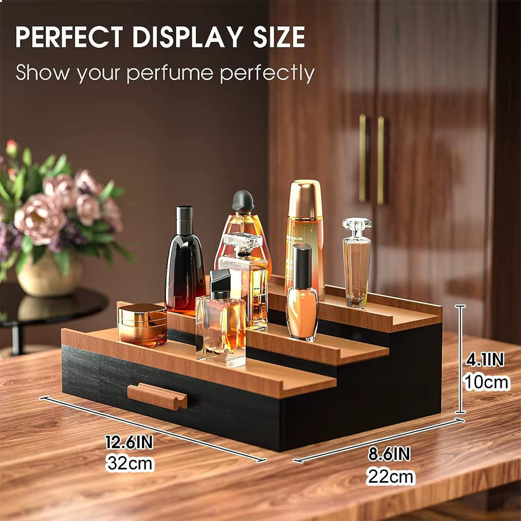 Storage Organizer Elegant Wooden Perfume Display Stand with Drawer Storage Capacity Desktop Organizer for Fragrances