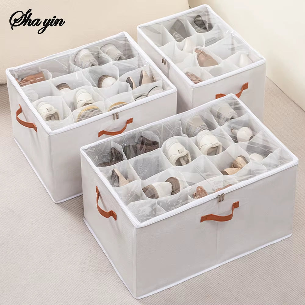 12/16/20Grid Shoe Storage Artifact Home Foldable Fabric Shoe Box Transparent Sports Shoes Leather Shoes Dustproof Organizing Box