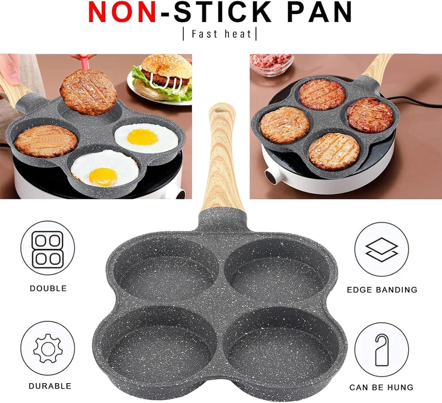 4-Hole Egg Frying Pan 4- Pan Non-Stick Frying Pan 4-Cup Egg Frying Coating Egg Cooker Pan Compatible with All Heat Sources,For Egg Burger/Breakfast Pancake