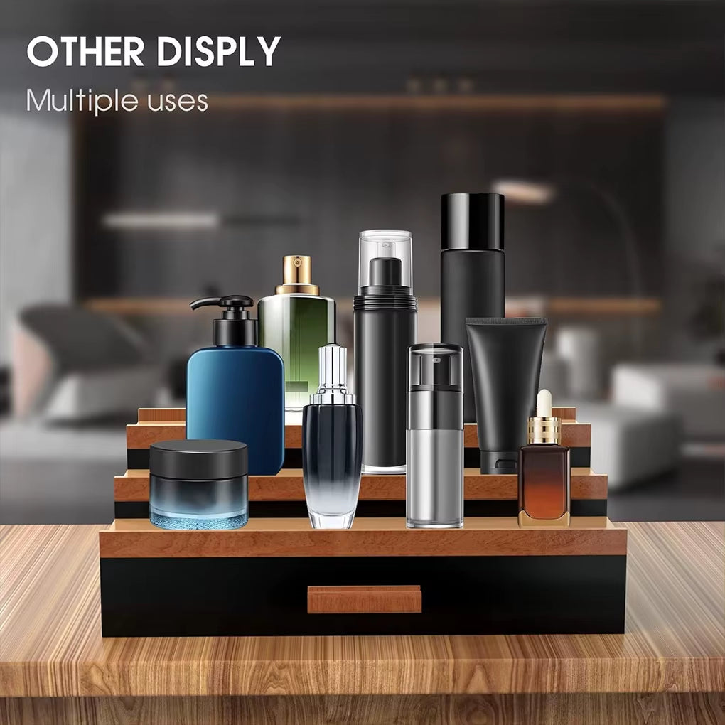 Storage Organizer Elegant Wooden Perfume Display Stand with Drawer Storage Capacity Desktop Organizer for Fragrances