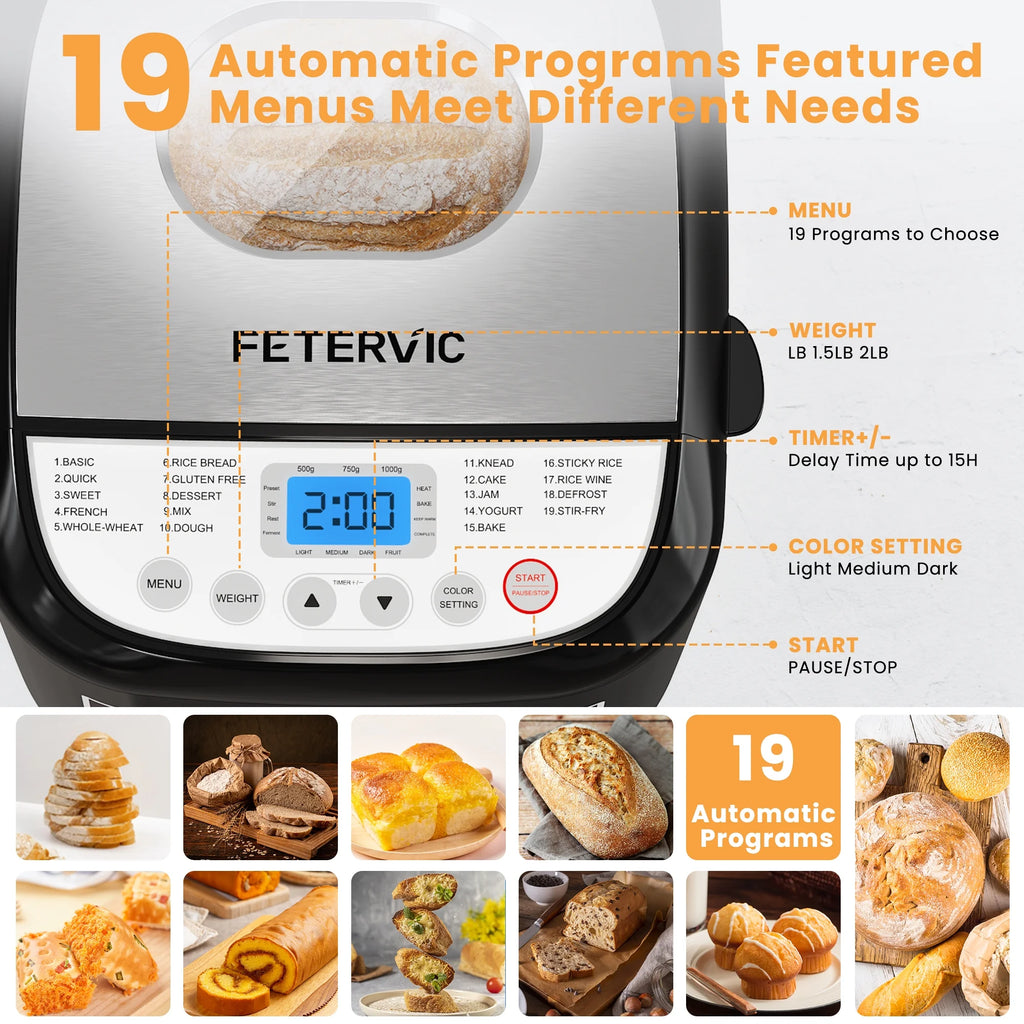 19-IN-1 Bread Maker, 2LB Bread Machine Nonstick Ceramic Pan Bread Maker Machine for Gluten Free/Dough Maker/Dried Meat Floss/Jam/Yogurt, Breadmaker Recipe,Black