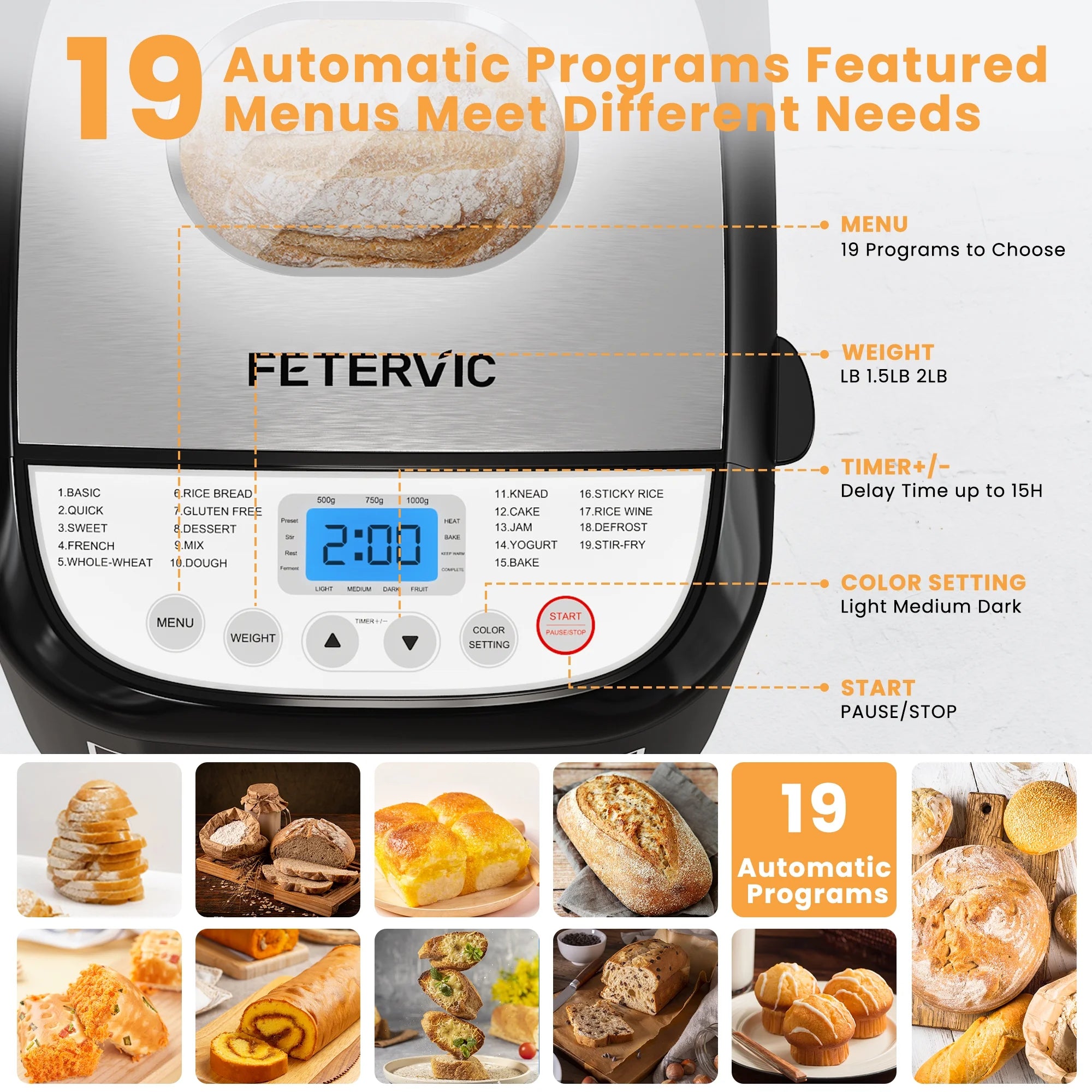 19-IN-1 Bread Maker, 2LB Bread Machine Nonstick Ceramic Pan Bread Maker Machine for Gluten Free/Dough Maker/Dried Meat Floss/Jam/Yogurt, Breadmaker Recipe,Black