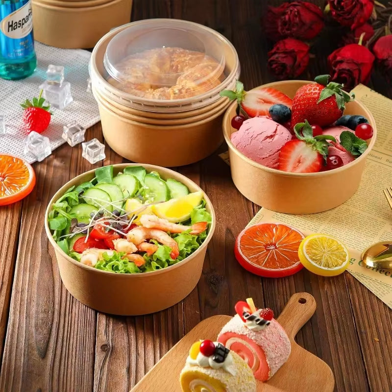 30/1X 500/750/1000ML Portable Kraft Salad Paper Bowls with Lids Biodegradable Disposable Tableware Meal Prep Takeout Bento Boxes