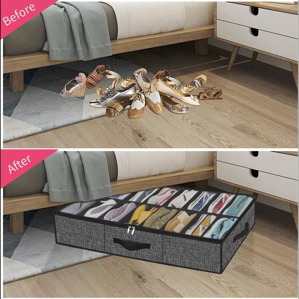 Shoe Storage Organizer Box for under Bed, Fit 12 Pairs, Collapsible Closet Underbed Shoes Container Bags with Reinforced Handles