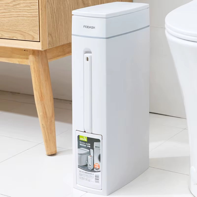Narrow Bathroom Trash Can with Toilet Brush 4.5L Press-Type Waste Bin Dustbin Kitchen Garbage Bucket Household Cleaning
