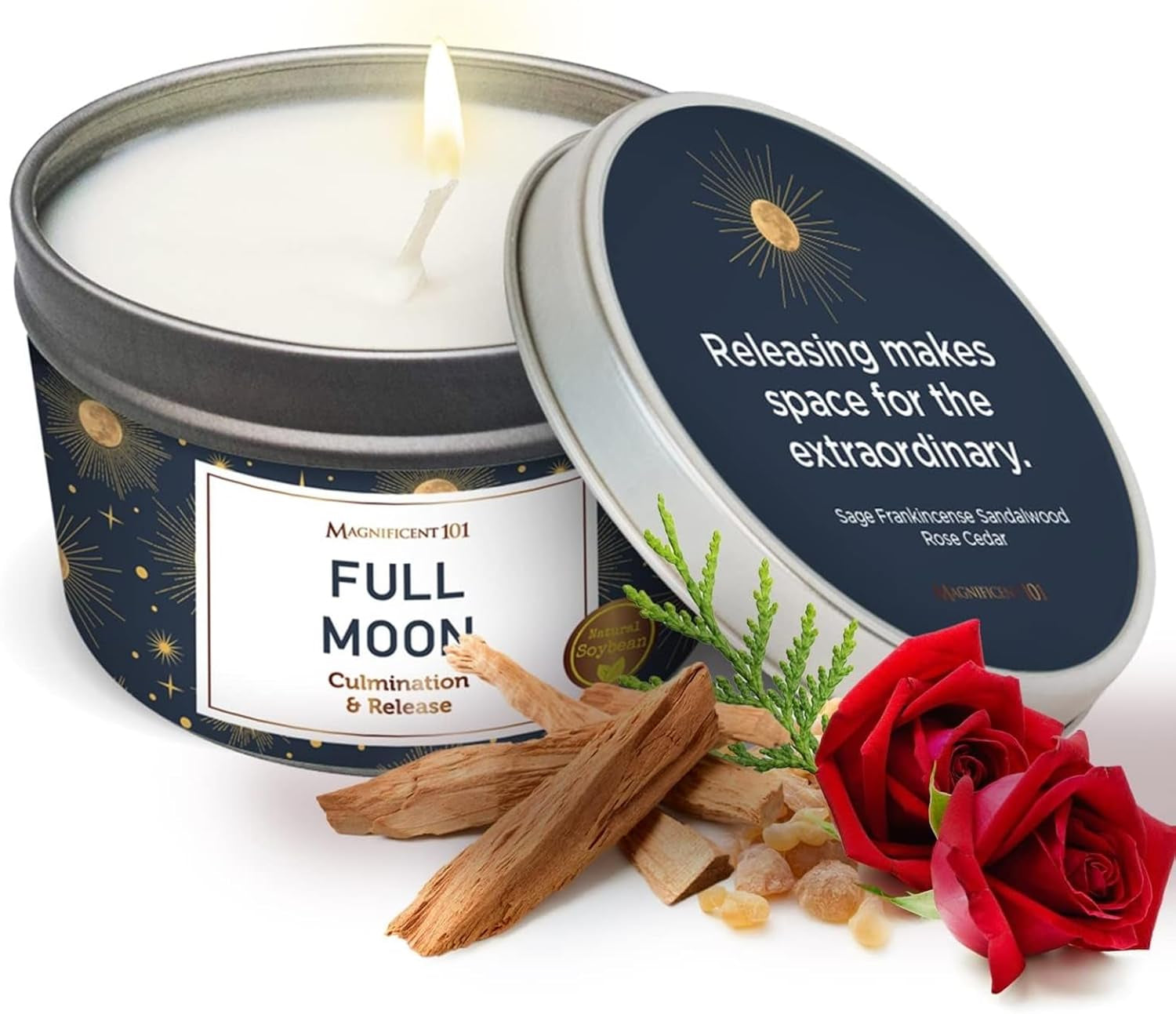 Full Moon Candle Aromatherapy Tin - 6 Oz Rose - Natural Soy Wax - Sage, Frankincense & Sandalwood - 35 Hour Burn - Spiritual Decor