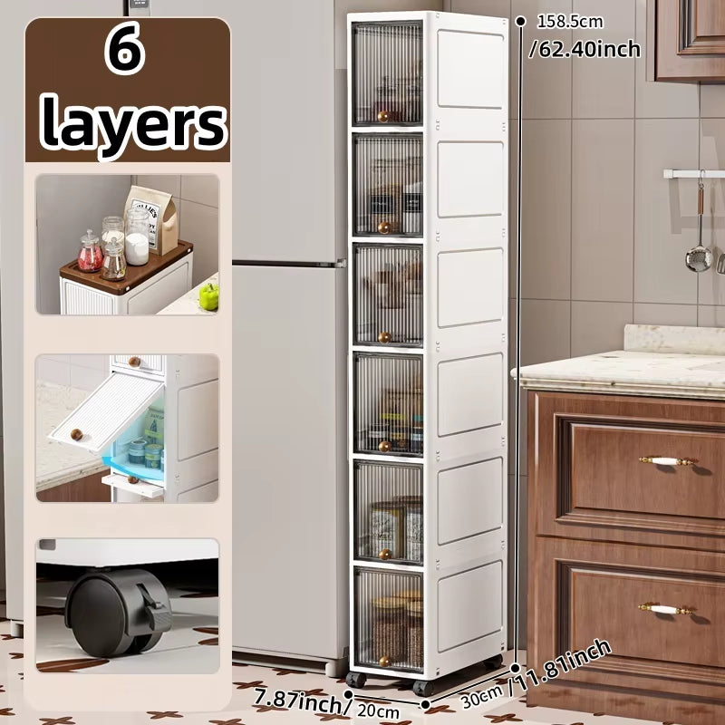 20Cm-Flip Lid Slit Storage Cabinet, Kitchen Slit Shelf, Bathroom Multi-Layer Plastic Snack Cabinet, Narrow-Edge Storage Cabinet