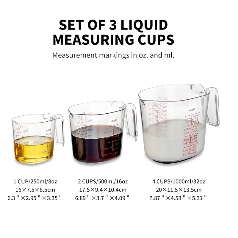 1Cup,2Cup,4Cup Transparent Nesting Measuring Cups Set Plastic Angled Grip Scales Liquid Measuring Cup for Kitchen Cooking