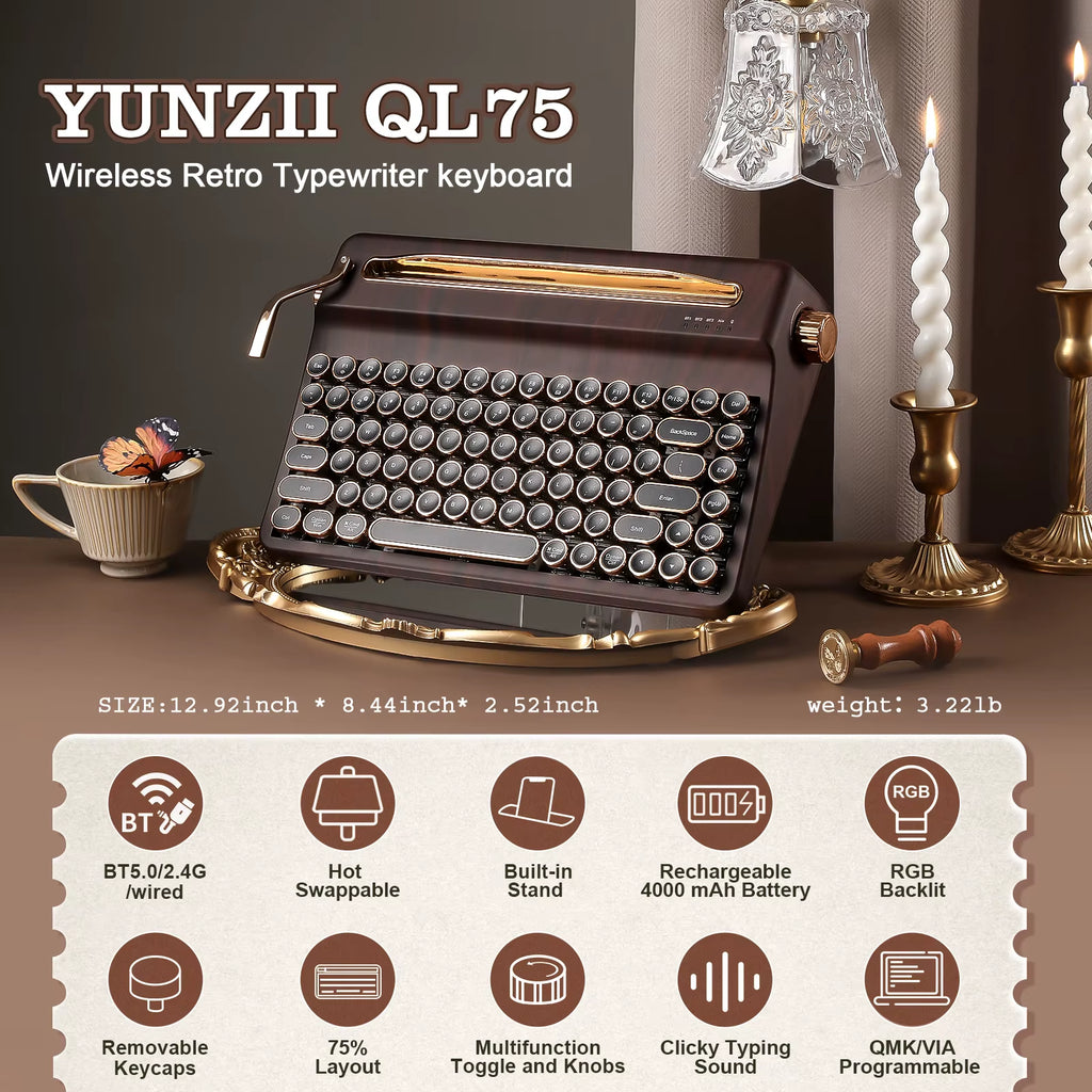 QL75 Wood QMK/VIA Mechanical Keyboard, Retro Style RGB Wireless Mechanical Keyboard, Mac/Win Customizable, Gift Box Pack