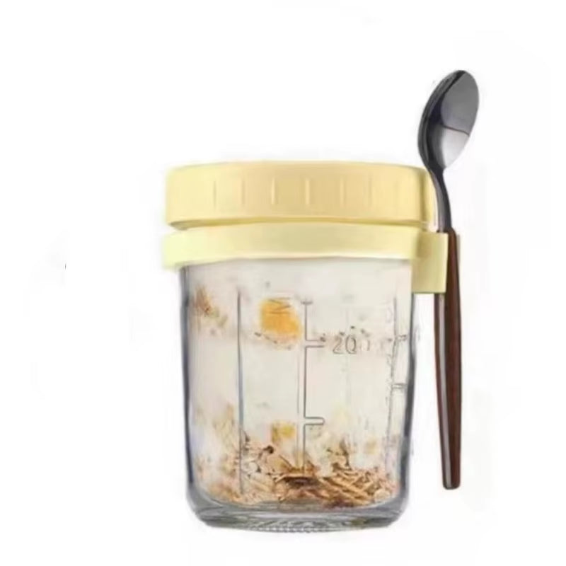 High-Value Oat Cup Transparent Glass with Lid and Spoon, Good Sealing with Scale , Simple and Multi-Color Optional Breakfast Cup
