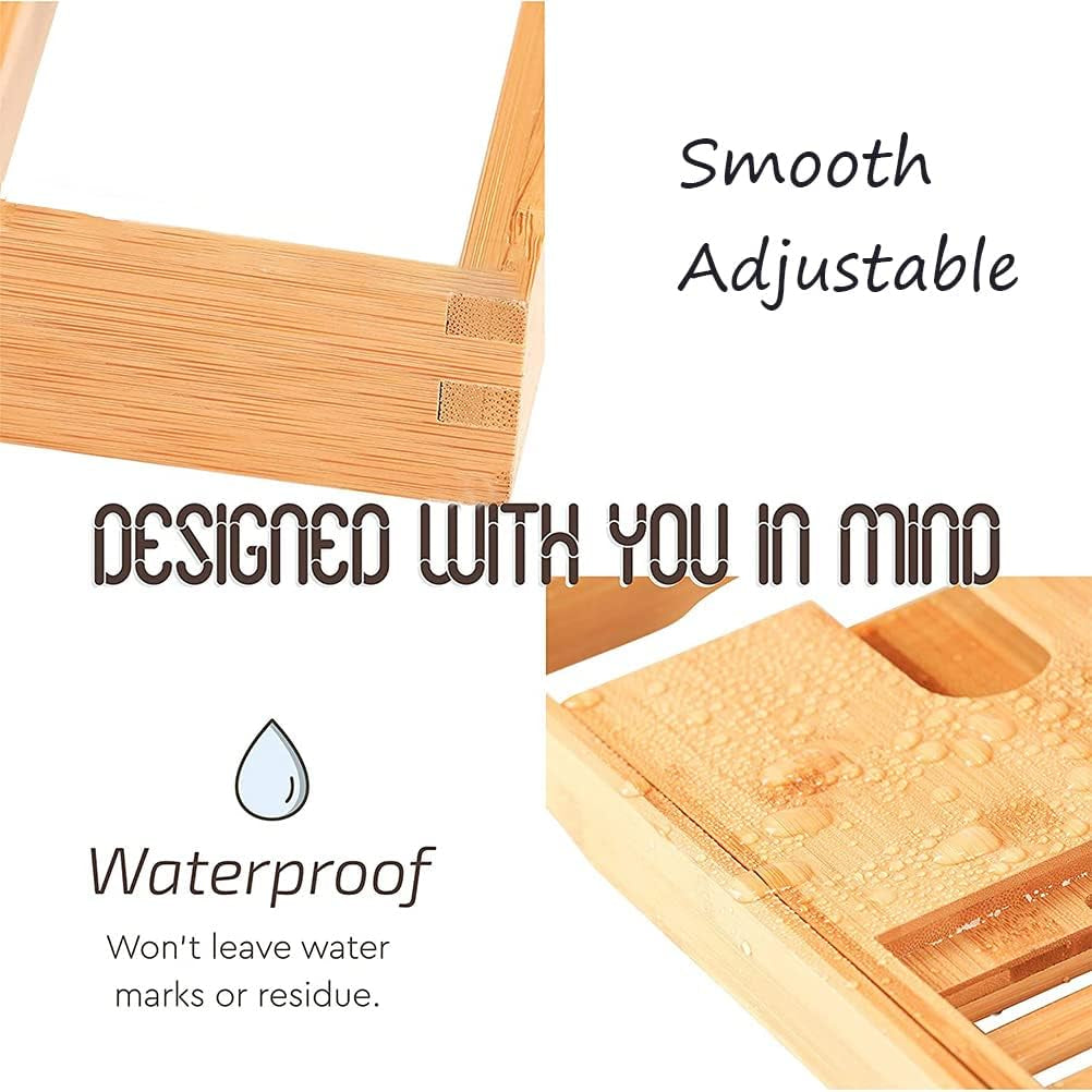 Bamboo Bathtub Caddy Tray, Bath Tub Tray with 12-In-1 Features Adjustable Bathtub Table, Non-Slip and Holds Books/Tablets/Cell Phone/Towels/Foods/Wineglass/Soap Dish (Single Box)