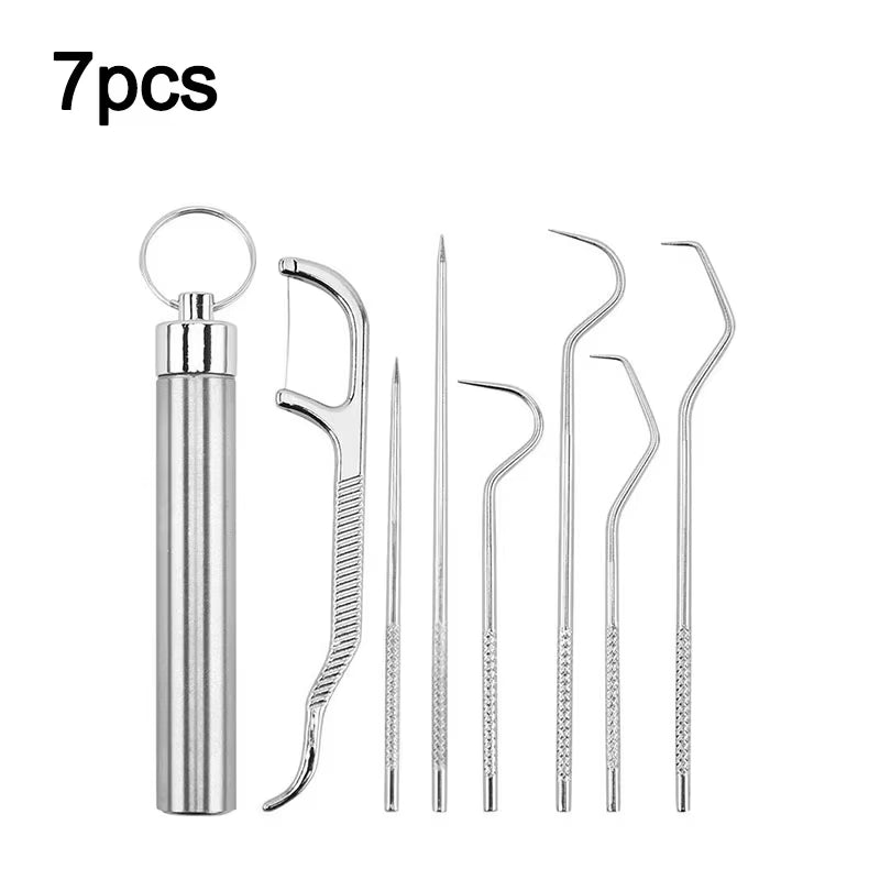 New 3/7Pcs Metal Floss Pick Stainless Steel Floss Dental Floss Keychain Dental Care Cleaning Teeth Thread YAX05