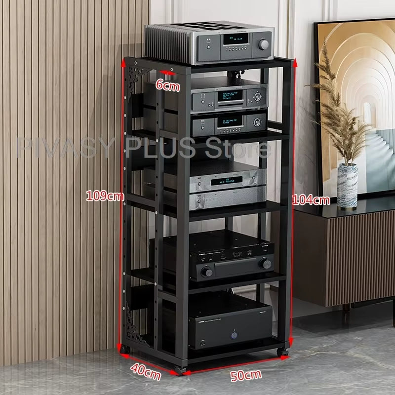 Adjustable 2-5 Tier Audio Rack Steel Frame Media Console E1 Panels Amplifiers Bracket with Wheels for Amp Home Theather Storage