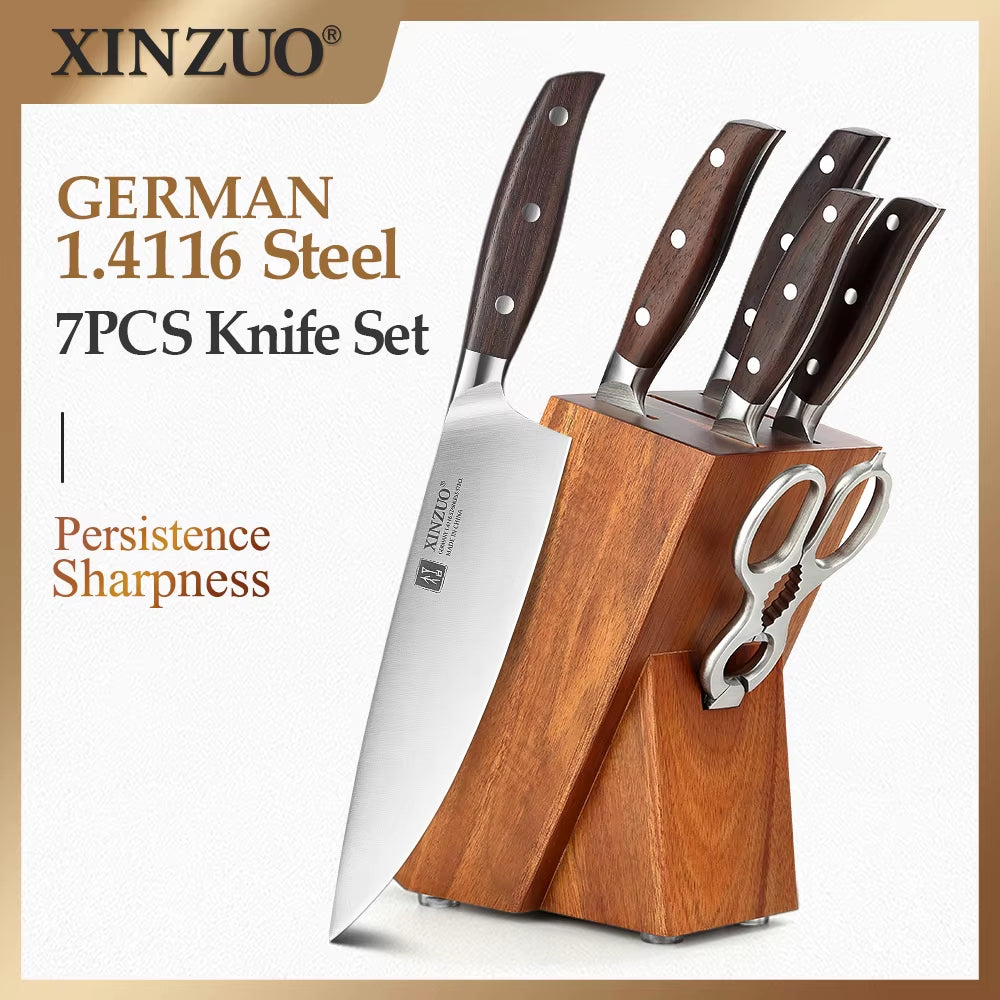 7PCS Kitchen Knife Set Forged German 1.4116 Stainless Steel Sharp Chef Santoku Paring Cleaver Kitchen Scissors Tool Set