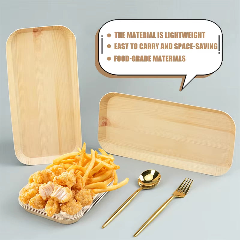 50Pcs Disposable Paper Plates Compostable Wood Grain Paper Tray Natural Wooden Forks Spoons Set Party Table Accessorie