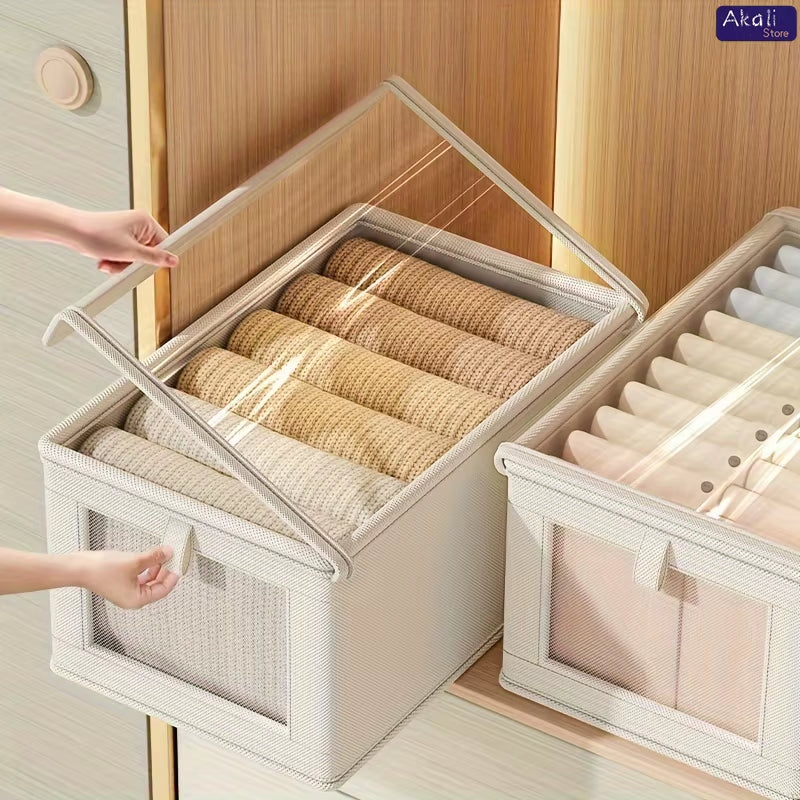 Large Canvas Storage Box with Clear Window Thickened Foldable Clothes Organizer with Lid Home Dustproof Storage Box