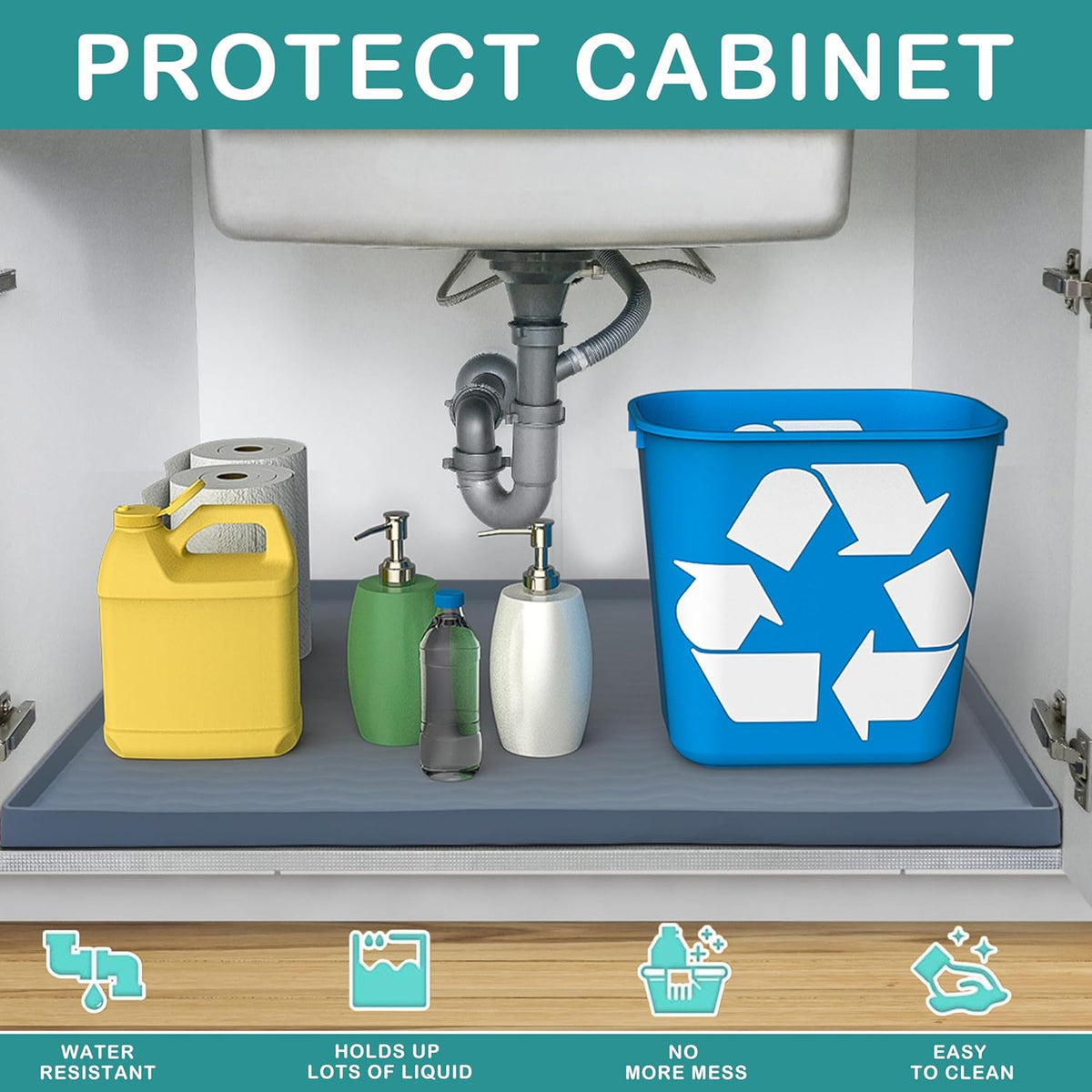 Waterproof Silicone under Sink Mat 55 W X 78 L Cm Shelf Liner for Kitchen and Bathroom, Cabinet and Counter Protector, Storage & Organizers, Litter Mat (Dark Grey)