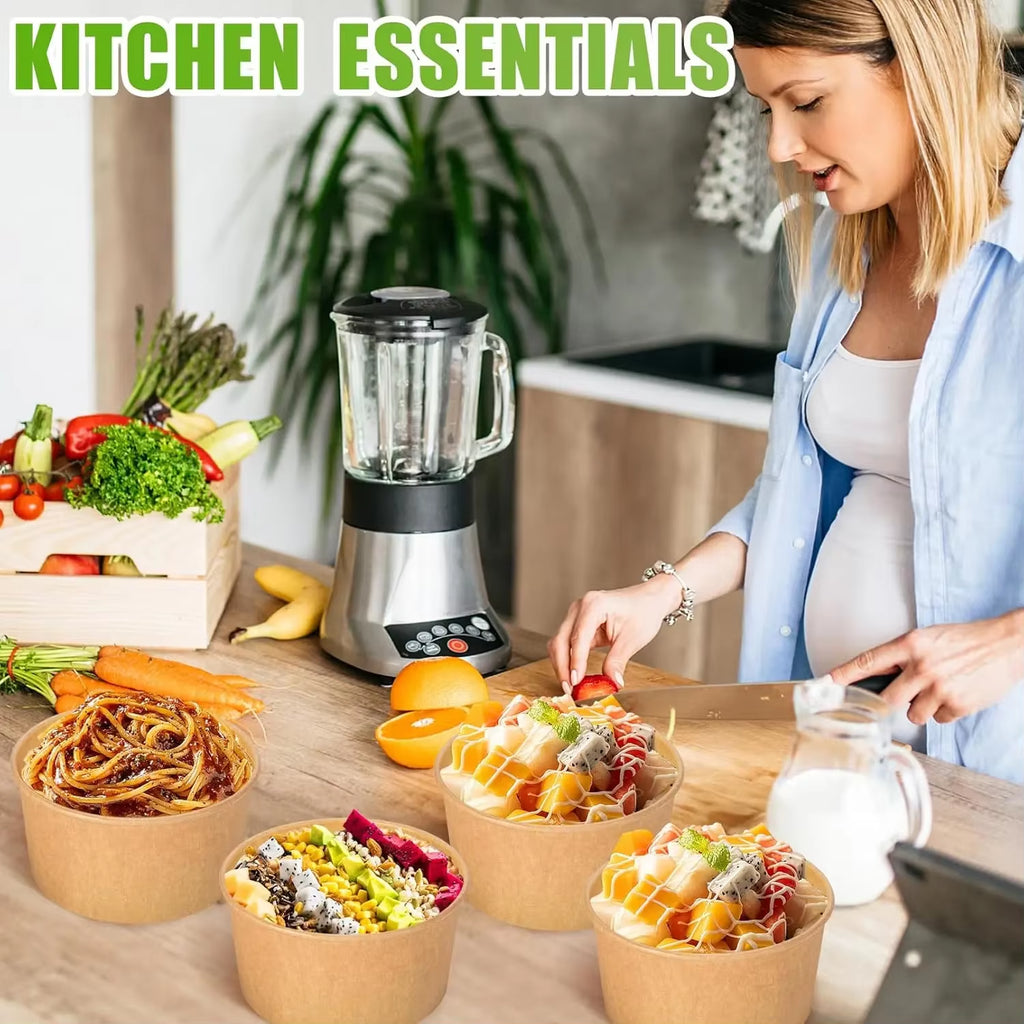 30/1X 500/750/1000ML Portable Kraft Salad Paper Bowls with Lids Biodegradable Disposable Tableware Meal Prep Takeout Bento Boxes