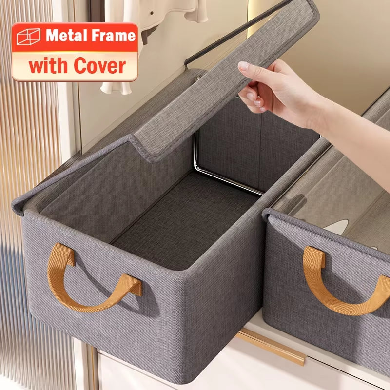 1Pc Foldable Clothing Organizer Underwear Storage Basket with Cover Metal Frame Storage Box for Storing Cloth Wardrobe Organizer