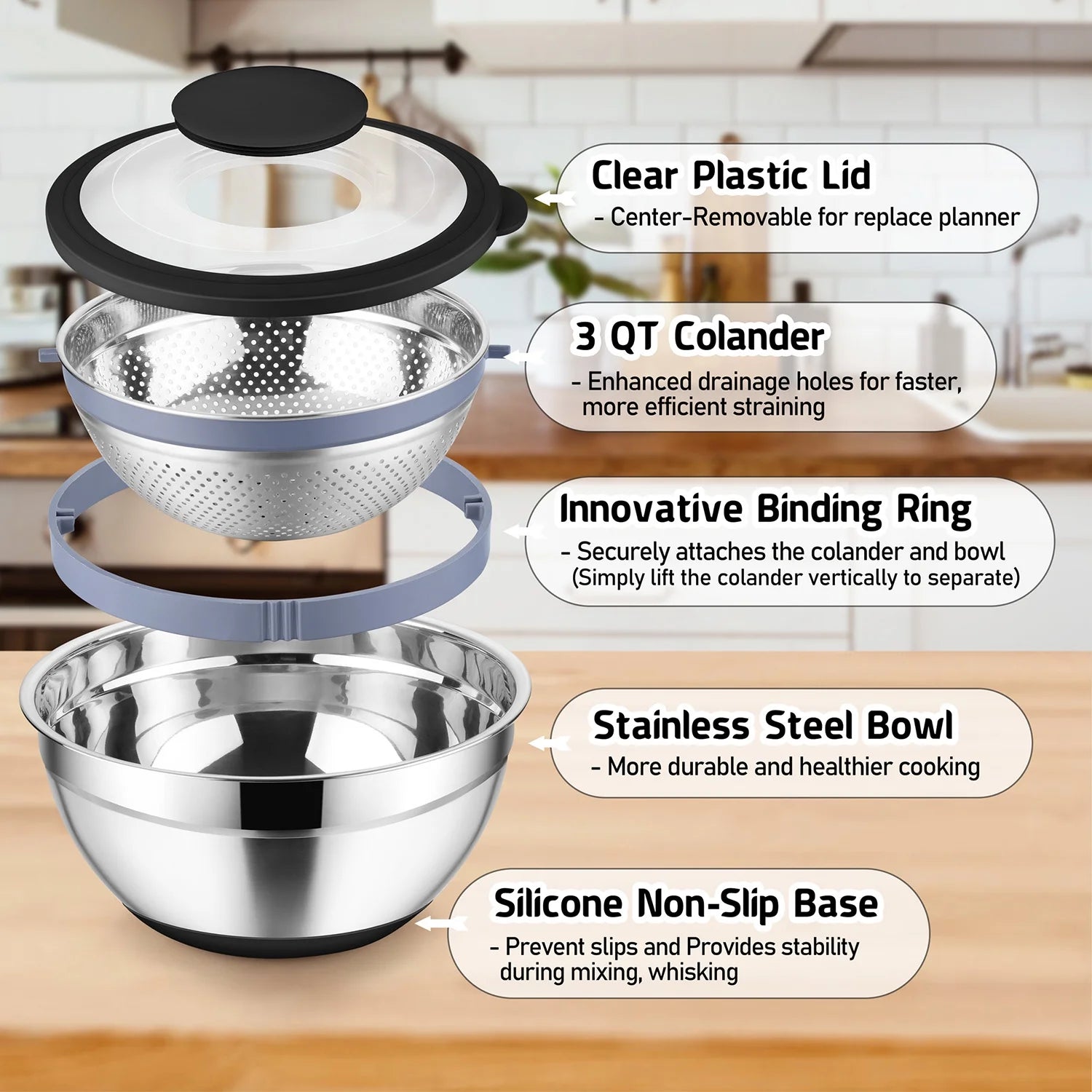 Colander with Mixing Bowl Set, 4 in 1 Stainless Steel Food Strainer with Airtight Visible Lid and 3 Graters, Multifunctional Kitchen Prep Bowls for Washing/Draining/Mixing/ Grating - Black