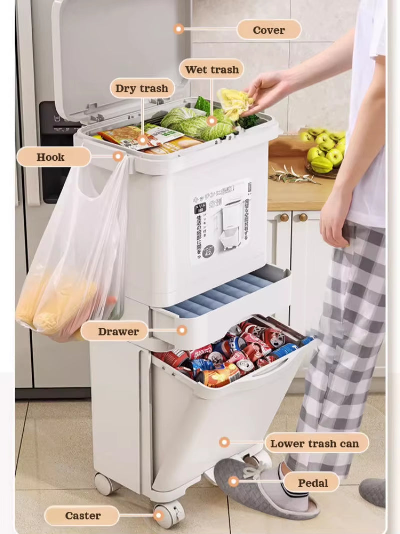 Kitchen Double Partition Trash Can Multifunctional Household Garbage Can with Lid 42L Simple Movable Dry and Wet Separation Bin