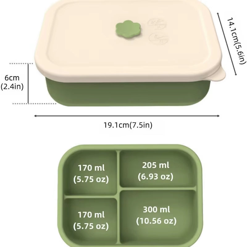 Silicone Leak-Resistant Bento Lunch Box, Reusable Bpa-Free Meal Prep Container with 4 Compartments Microwave Dishwasher and Safe