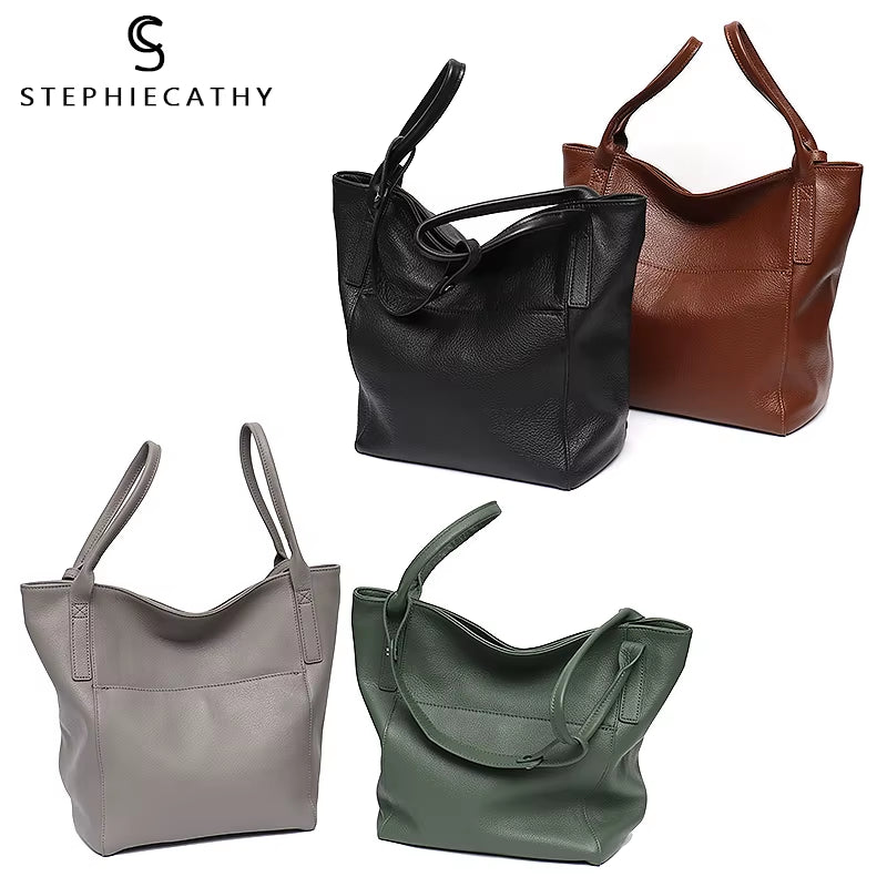SC Luxury Genuine Leather Tote for Women Brand Design Large Shoulder Bag Bucket Soft Natural Cowhide Female Daily Hobo Crossbody