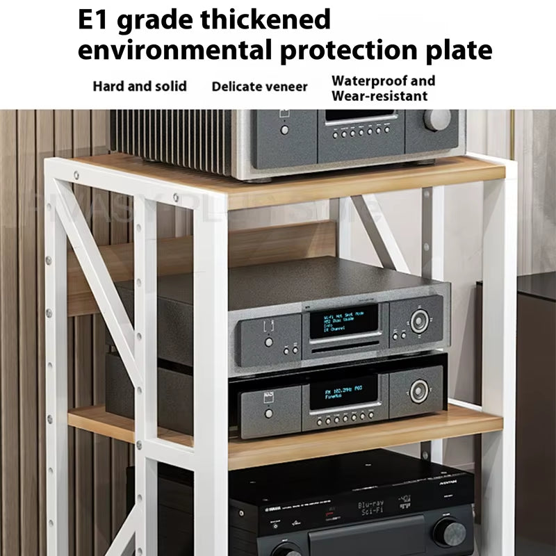 Adjustable 2-5 Tier Audio Rack Steel Frame Media Console E1 Panels Amplifiers Bracket with Wheels for Amp Home Theather Storage