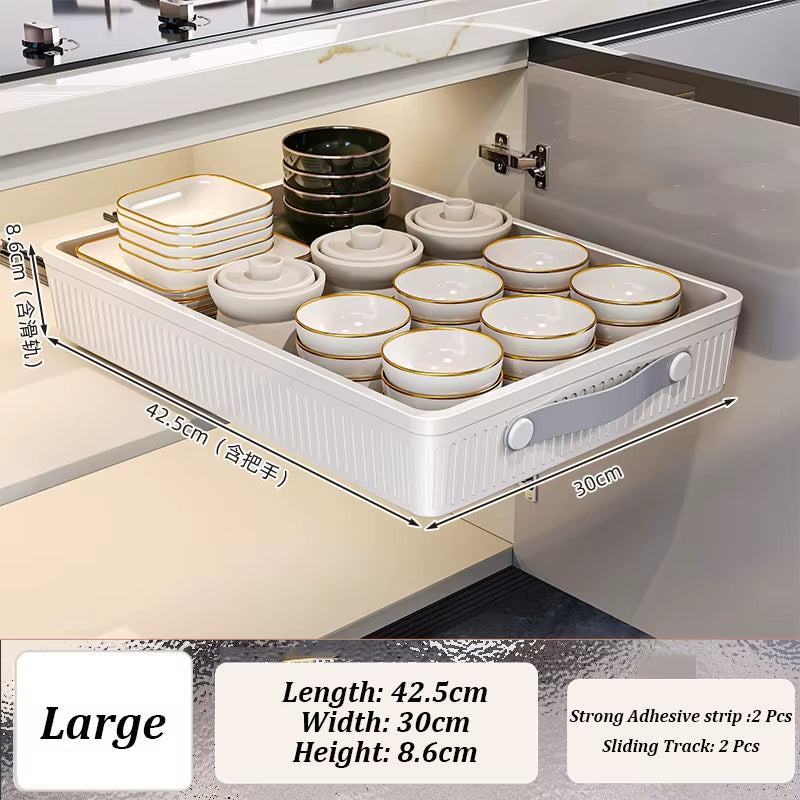 Kitchen Sliding Drawer with Slide Rail Cabinet Clothes Spice Dish Bowl Storage Rack Pull Out Cabinet Organizer Tray with Handle