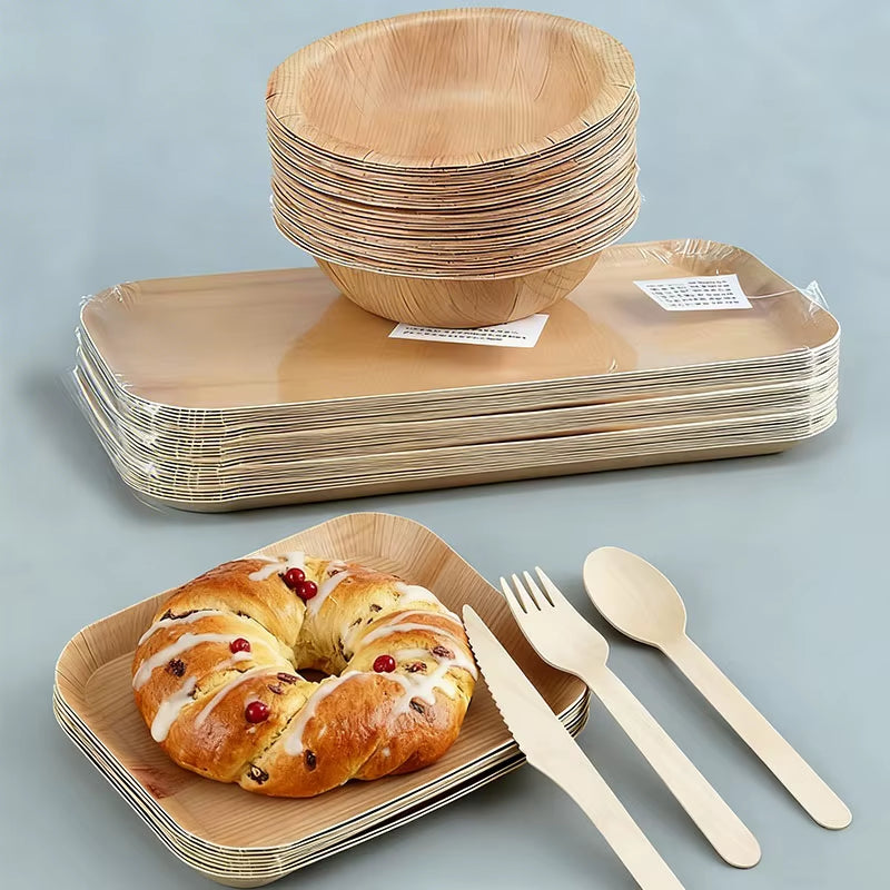 50Pcs Disposable Paper Plates Compostable Wood Grain Paper Tray Natural Wooden Forks Spoons Set Party Table Accessorie