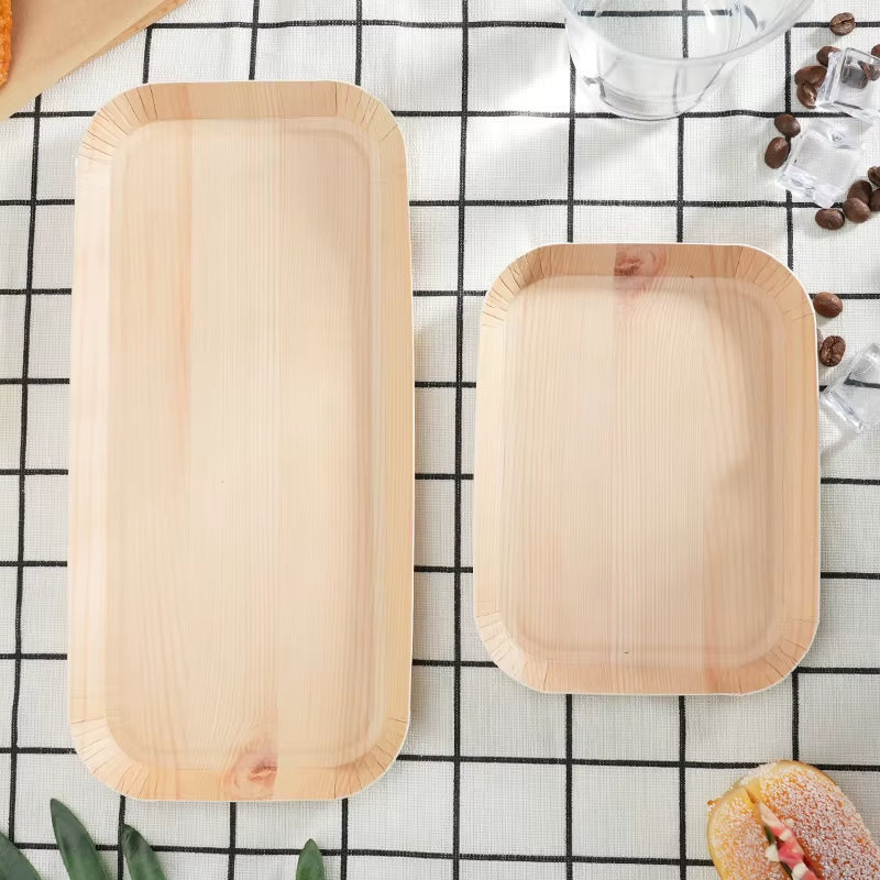 50Pcs Disposable Paper Plates Compostable Wood Grain Paper Tray Natural Wooden Forks Spoons Set Party Table Accessorie