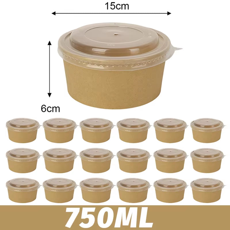 30/1X 500/750/1000ML Portable Kraft Salad Paper Bowls with Lids Biodegradable Disposable Tableware Meal Prep Takeout Bento Boxes