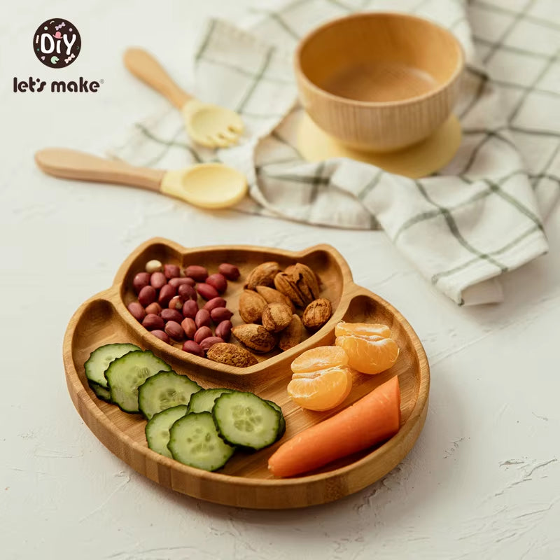 Let'S Make Baby Dinner Plates Set Wooden Cartoon Dinner Plate Fork Spoon Children Feeding Plate Safe Edible Silicone Product