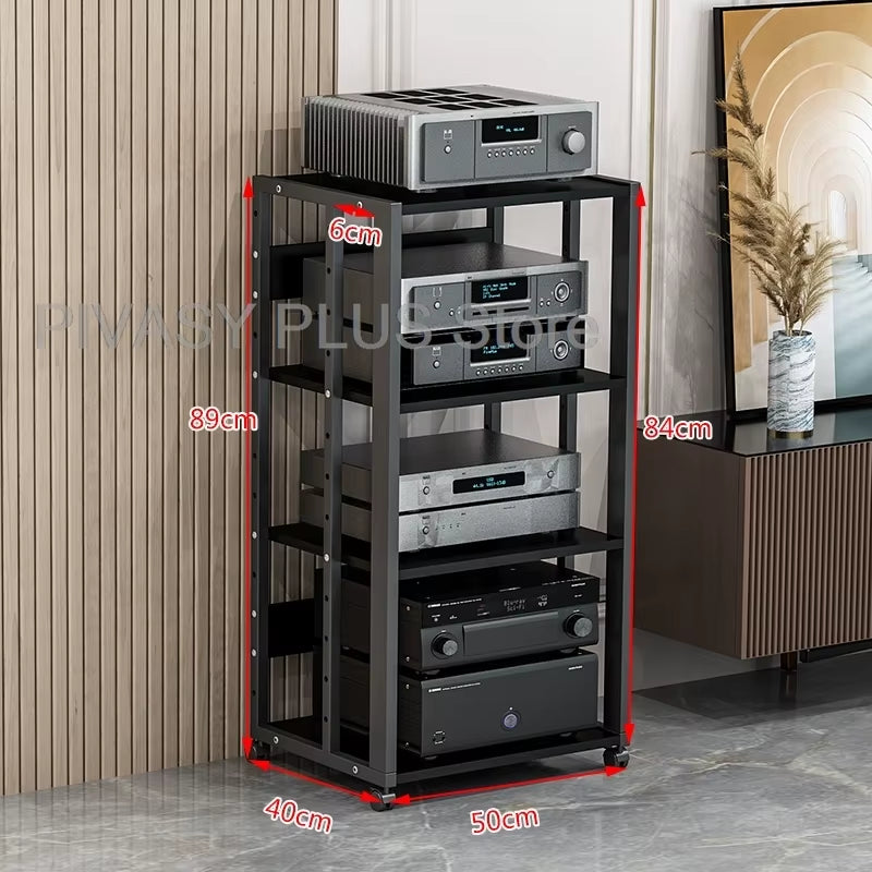 Adjustable 2-5 Tier Audio Rack Steel Frame Media Console E1 Panels Amplifiers Bracket with Wheels for Amp Home Theather Storage