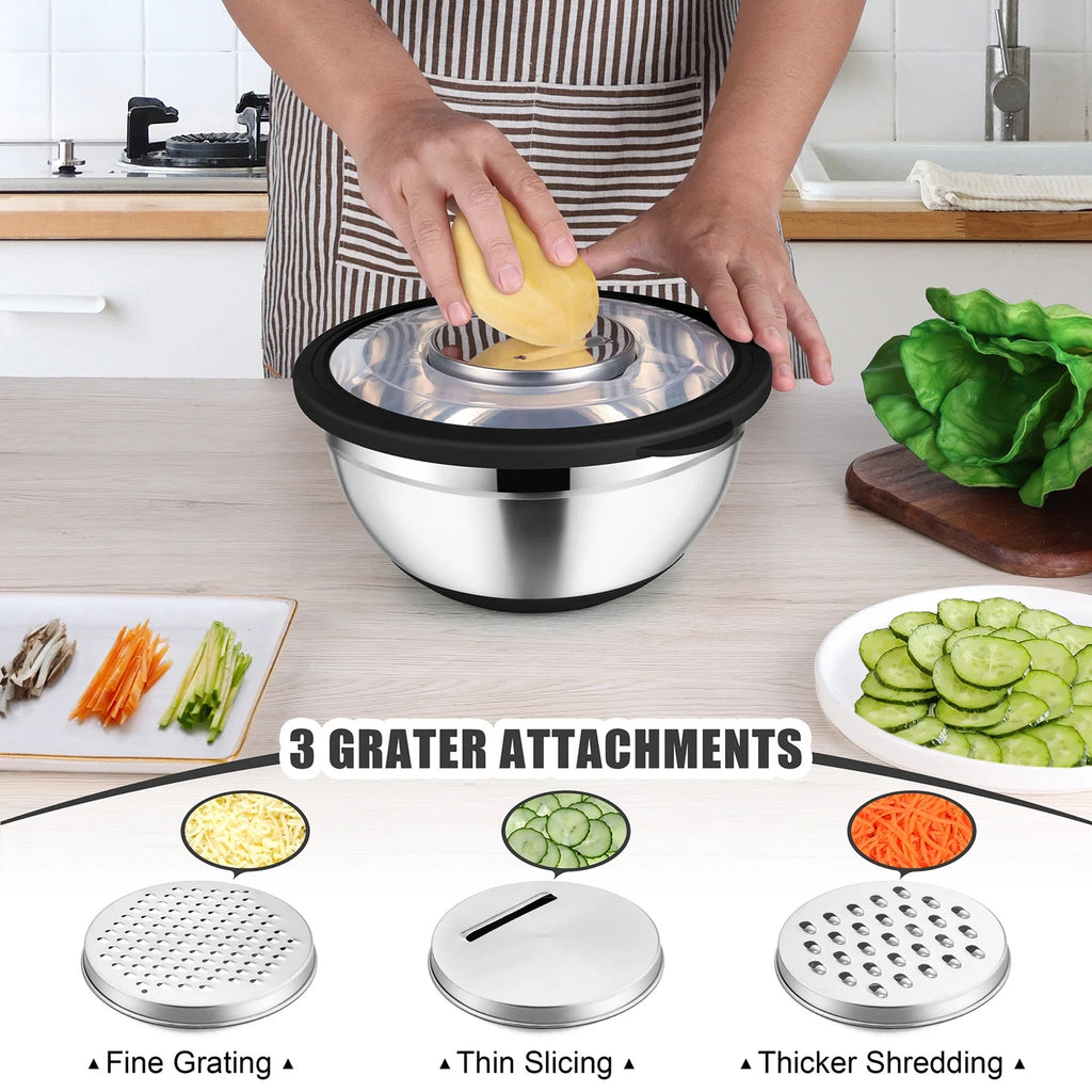 Colander with Mixing Bowl Set, 4 in 1 Stainless Steel Food Strainer with Airtight Visible Lid and 3 Graters, Multifunctional Kitchen Prep Bowls for Washing/Draining/Mixing/ Grating - Black