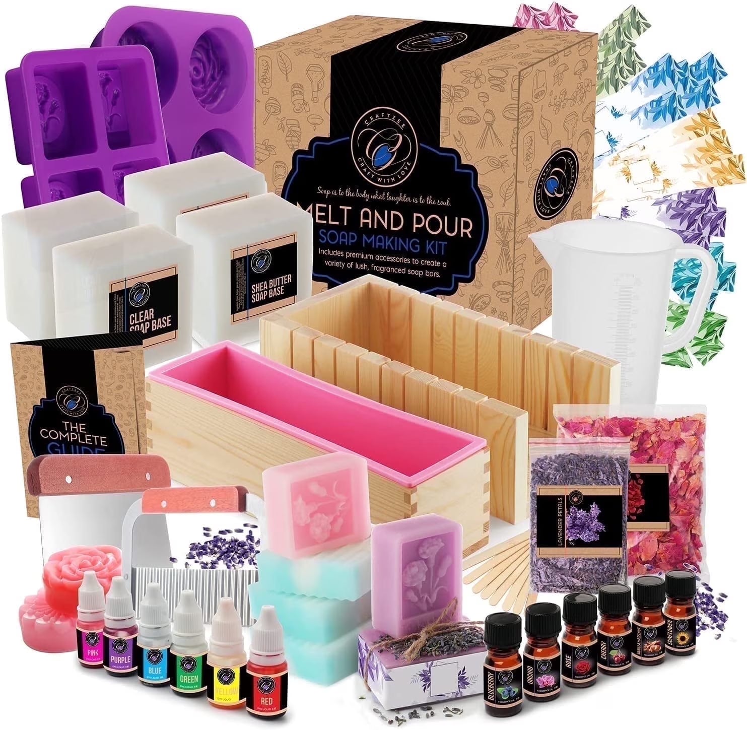 54-Piece DIY Soap Making Kit with Shea Butter & Clear Soap Bases Fragrances Rose Petals