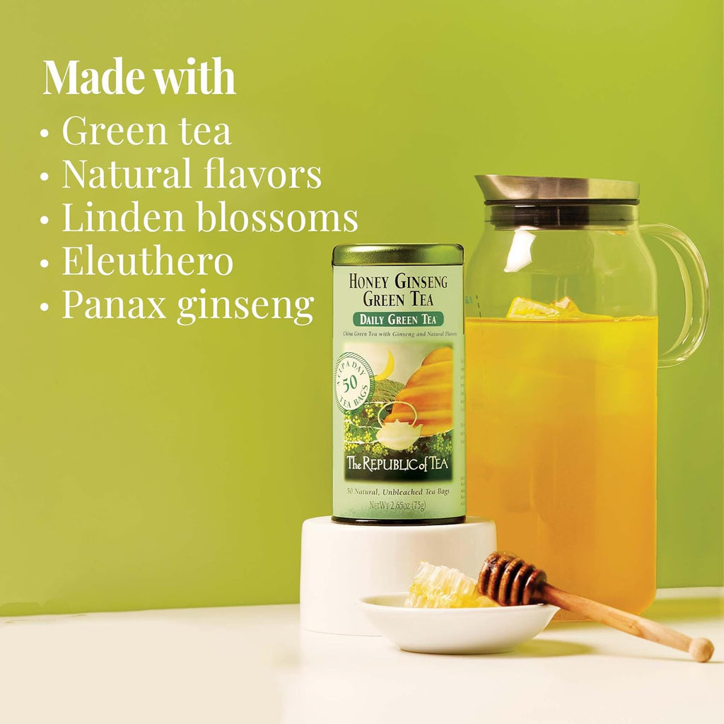 - Honey Ginseng Green Tea, 50 Tea Bags, Tin | Flavored Gourmet Tea | Caffeinated