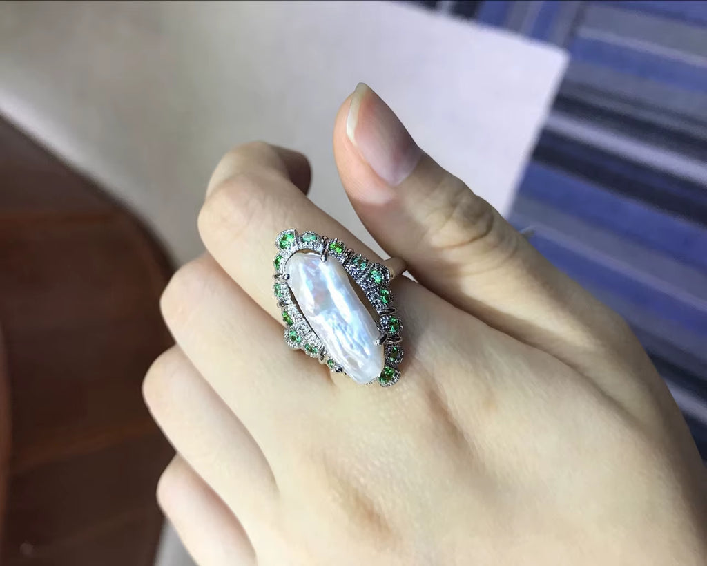 Baroque 21X9Mm Freshwater Pearl and Peridot Rhodium over Sterling Silver Ring Natural Cute Custom Pinky for Women Luxury