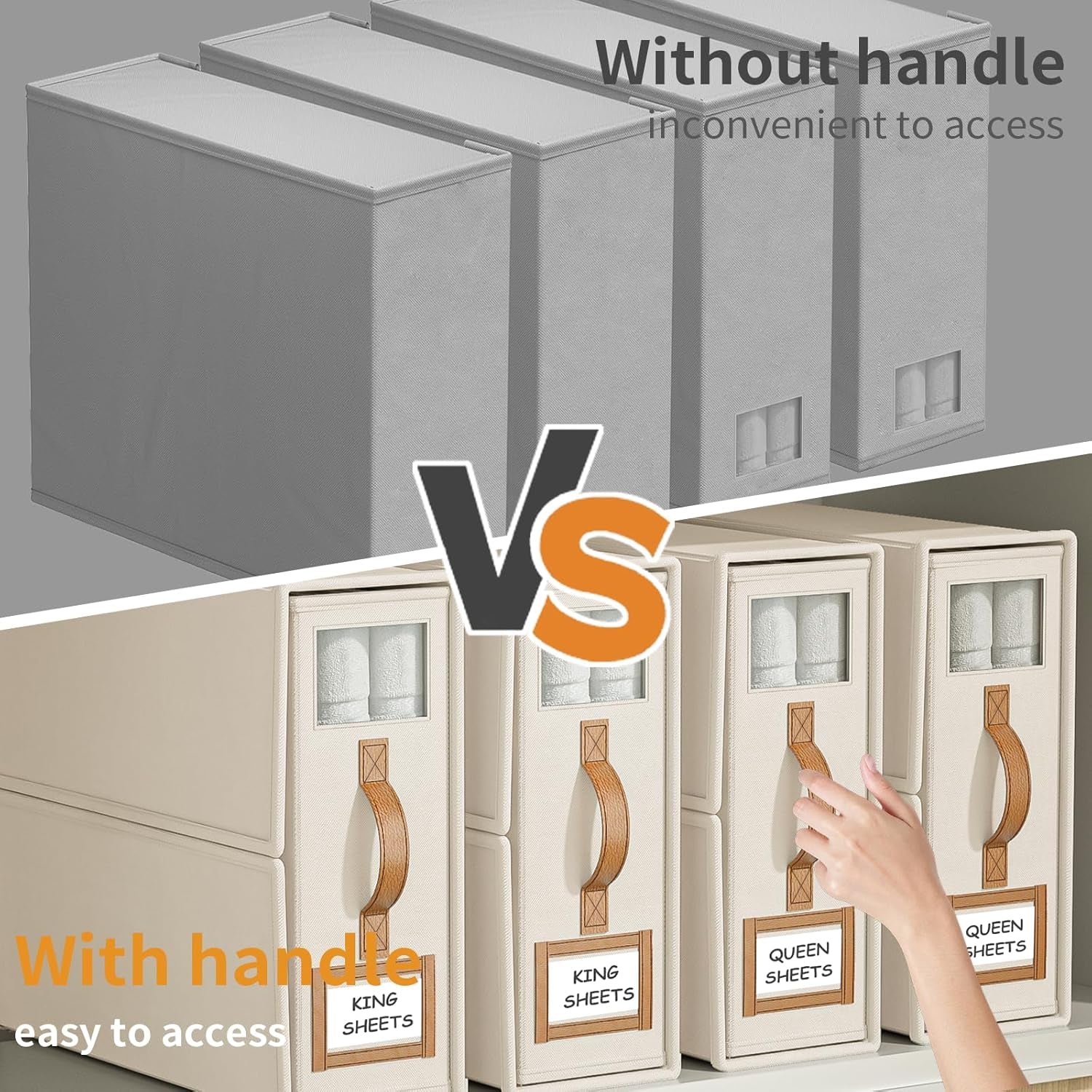 4 Pack Foldable Bed Sheets Set Organizers and Storage(King & Queen Size),Linen Fabric Closet Organizers with Window,Folding Bedding Storage Box for Bedsheets and Pillow Cube Organizer-Beige