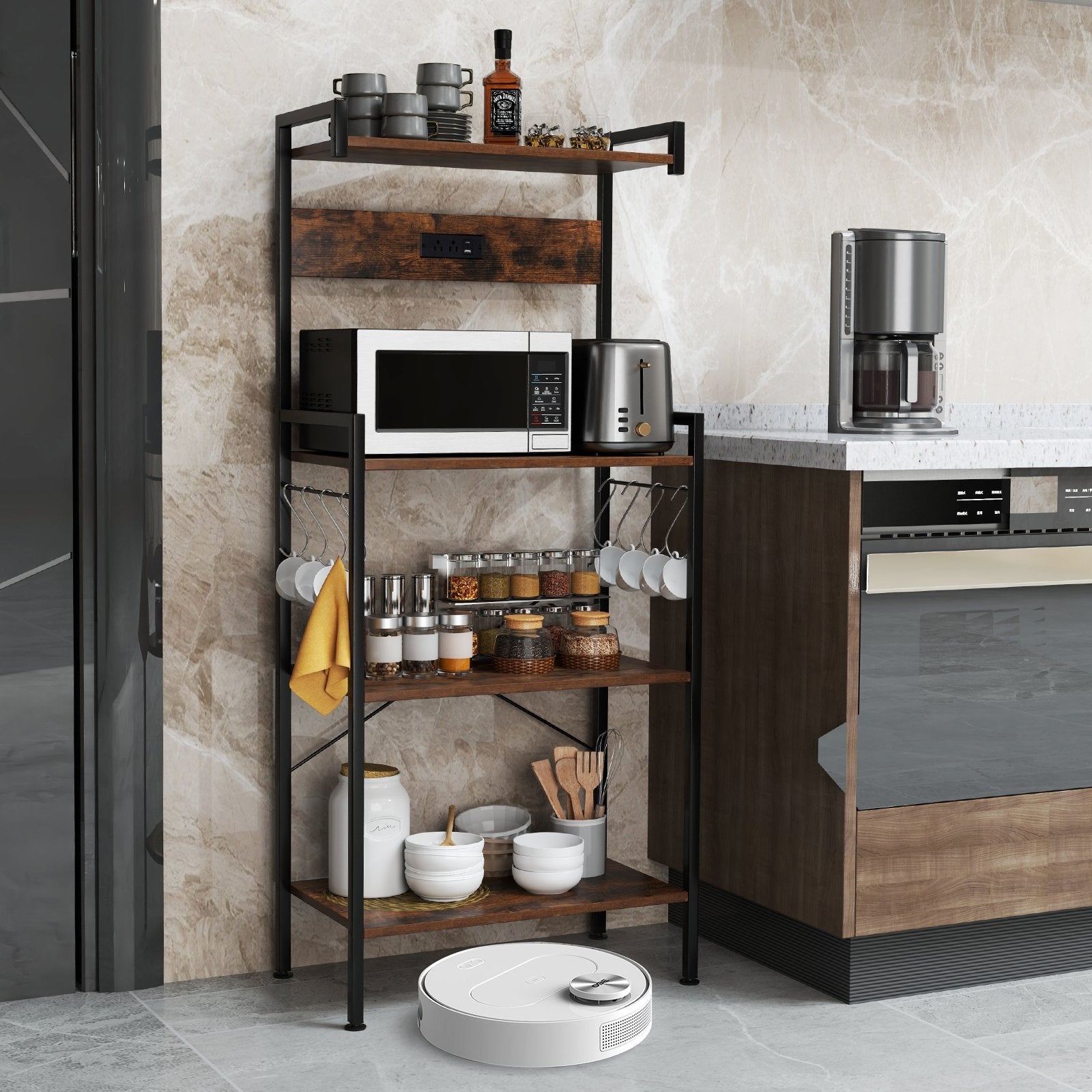 4-Tier Kitchen Bakers Rack with Power Outlet and 8 Hooks-Rustic Brown