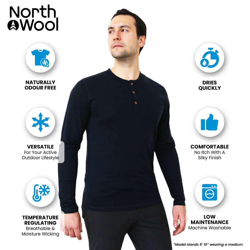 NorthWool Men's Merino Wool Long Sleeve Henley Base Layer Shirt 260 GSM