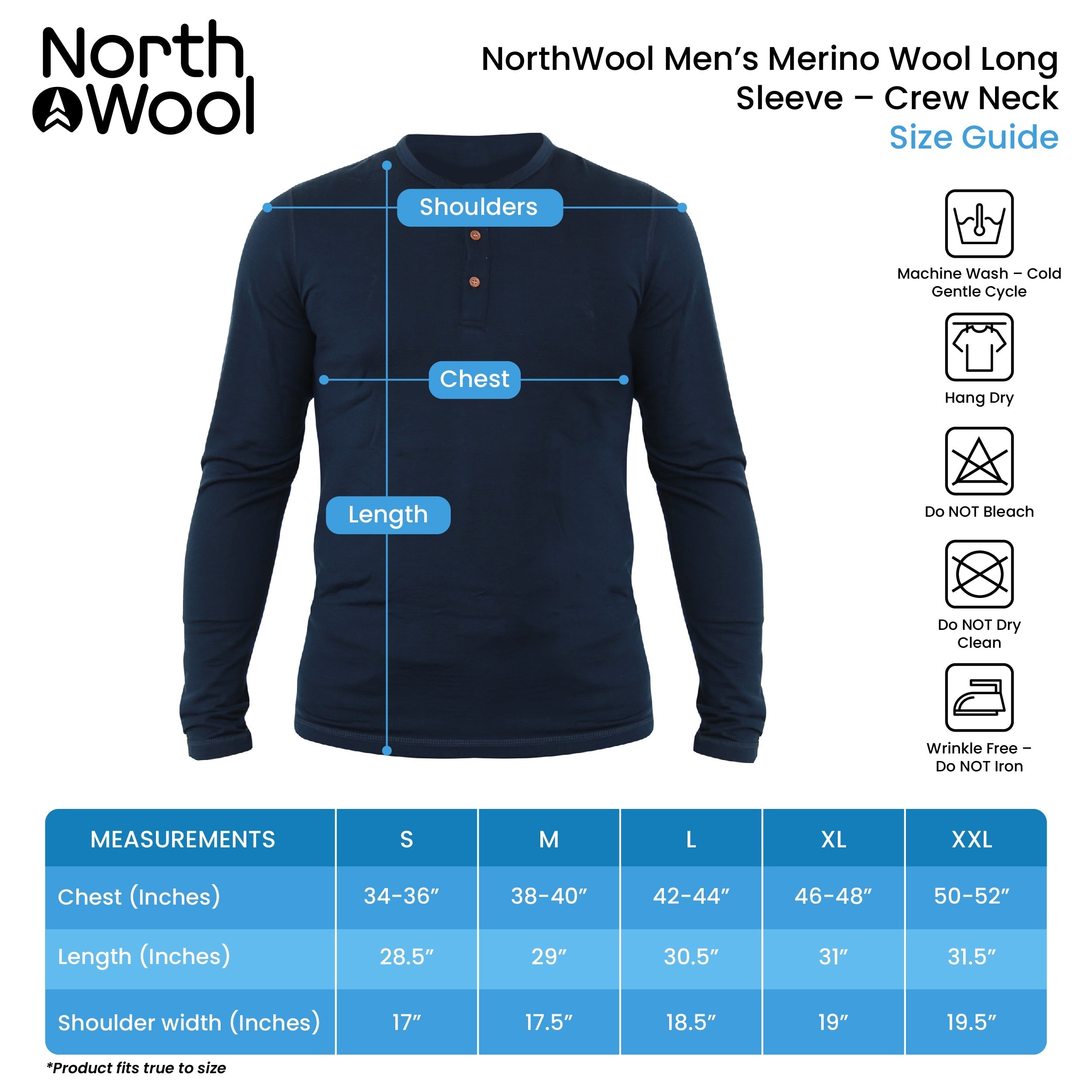 NorthWool Men's Merino Wool Long Sleeve Henley Base Layer Shirt 260 GSM