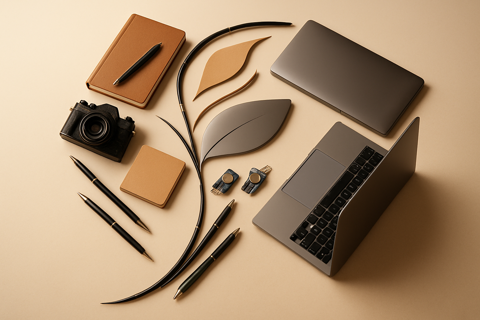 pens, notebooks, camera, sensors, laptops arranges as a dancing leaf