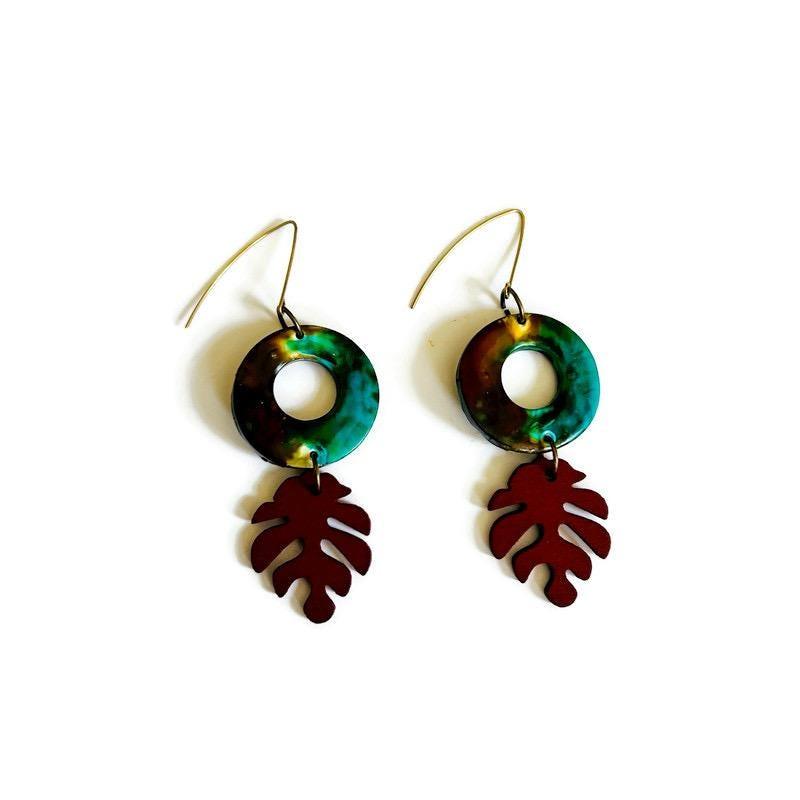Rustic Fall Statement Dangle Earrings with Leaf-0