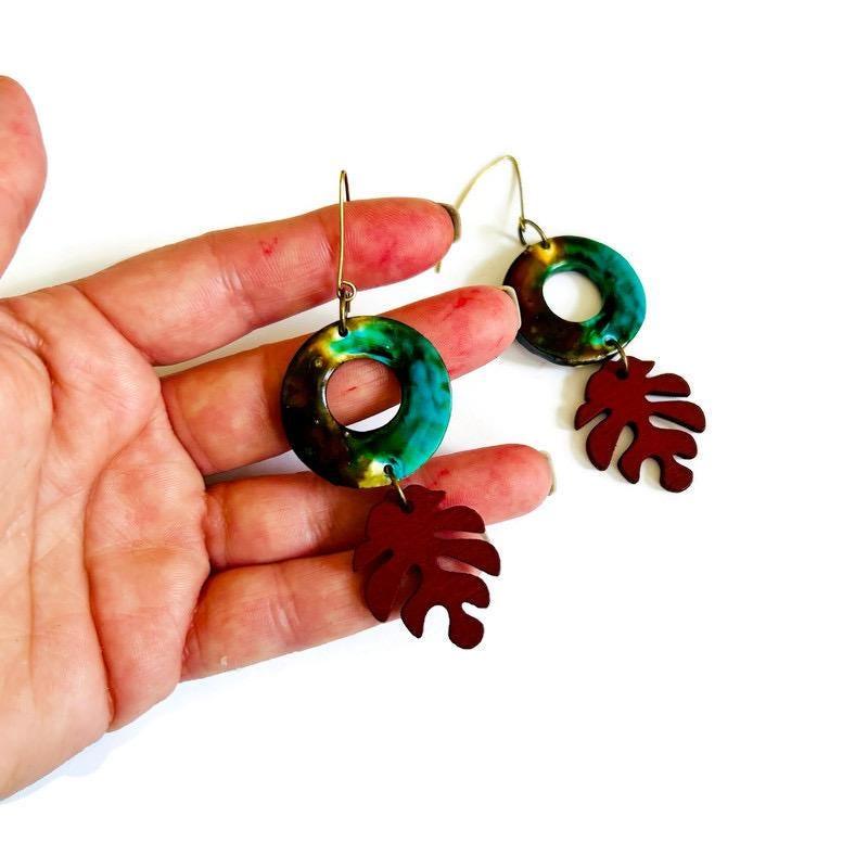 Rustic Fall Statement Dangle Earrings with Leaf-3