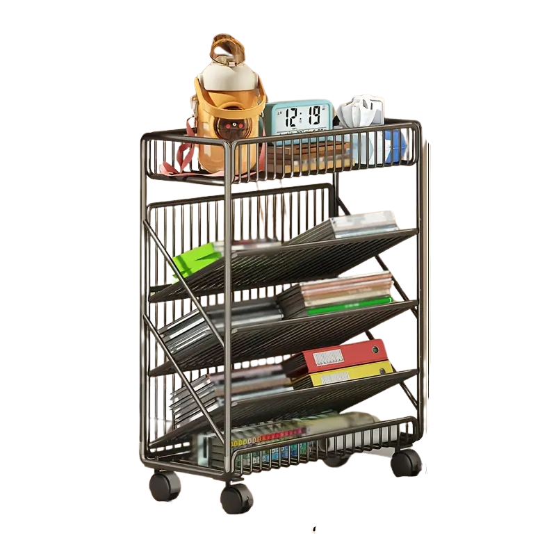 Office Bookshelf with Wheels and Storage Basket-0