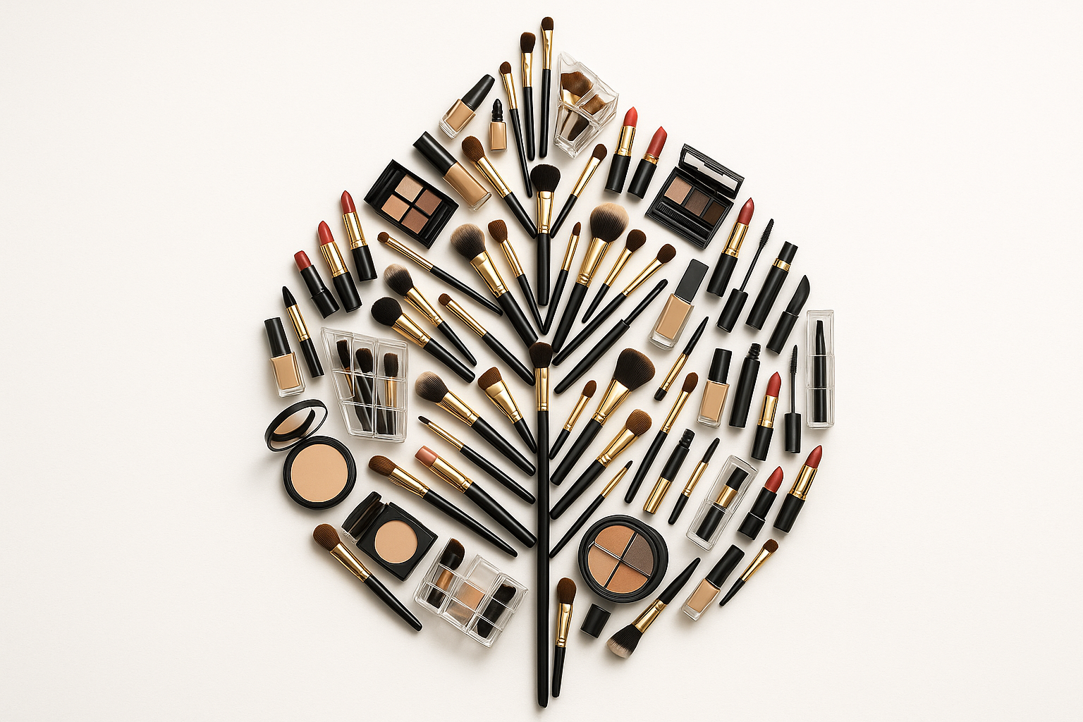 take different makeup items and organizers and arrange them in a shape of a leaf